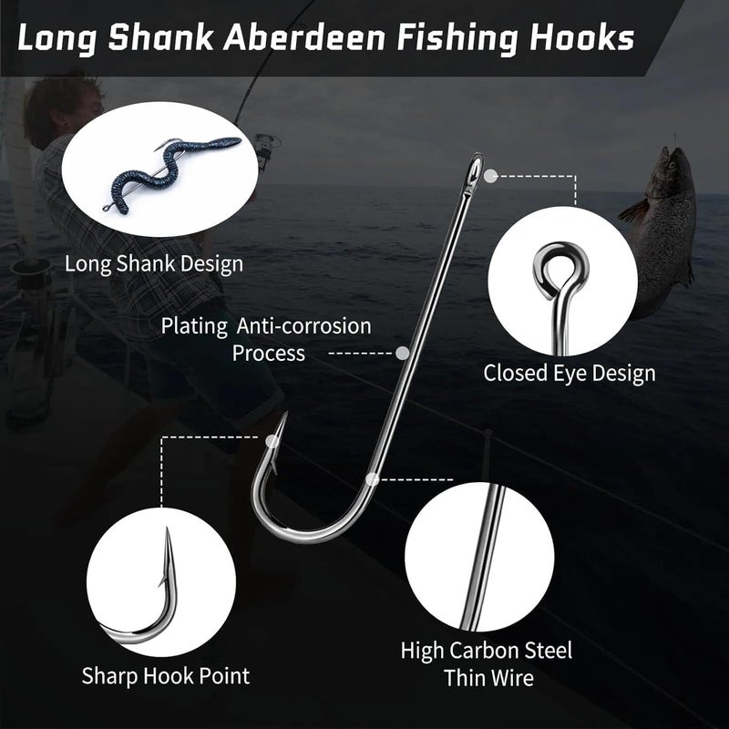 FishTrip Crappie Panfish Fishing Hooks-100pcs Aberdeen Hooks Long Shank Light Wire for Sunfish Small Bass Trout Freshwater Size 16# 14# 12# 10# 8# 6# 4# 2# 1# 1/0 2/0 3/0 4/0 5/0 6/0 - Image 2